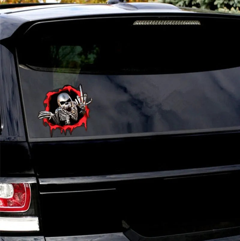 Reflective colourful metal skull car sticker measuring 15 by 14 centimetres