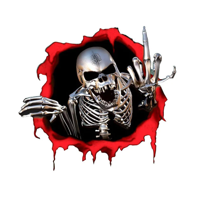 Reflective colourful metal skull car sticker measuring 15 by 14 centimetres