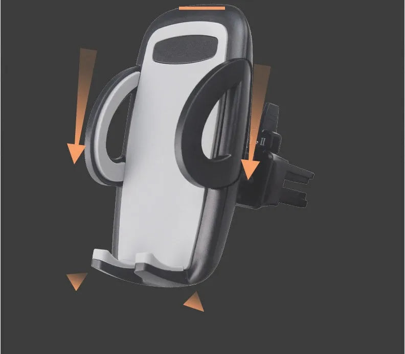 Black car air vent mobile phone holder mounted on vehicle air conditioning outlet holding smartphone