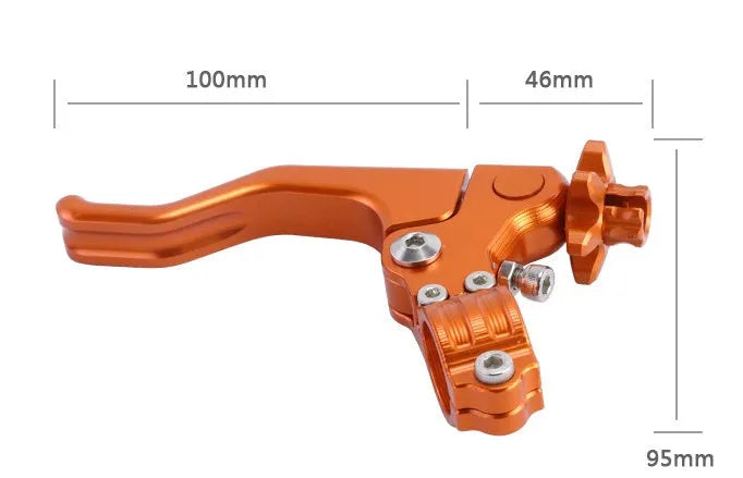 Aluminium motorcycle clutch lever in two-finger design shown in multiple colour options: red, green, orange, blue, titanium, black, gold, silver.