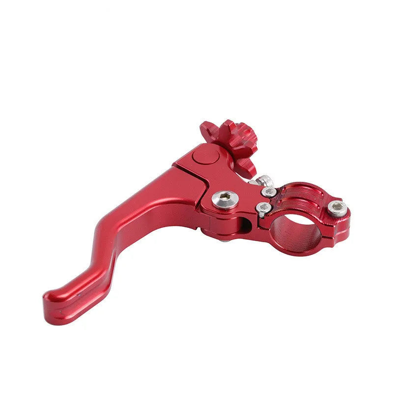 Aluminium motorcycle clutch lever in two-finger design shown in multiple colour options: red, green, orange, blue, titanium, black, gold, silver.