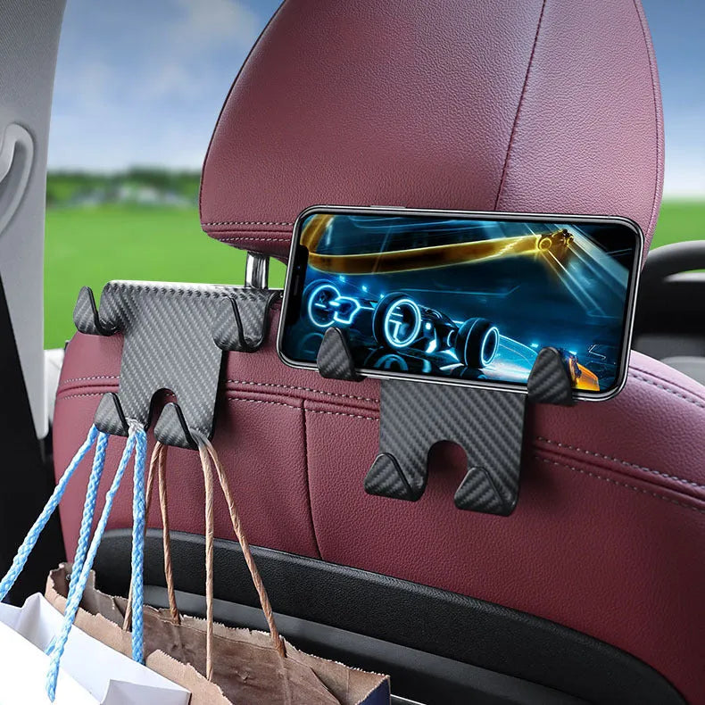 Black car multifunction hook bracket with integrated phone holder for rear seat storage
