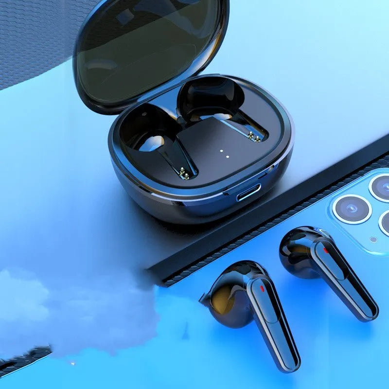 Black in-ear Bluetooth headphones with noise cancellation and breathing light indicators