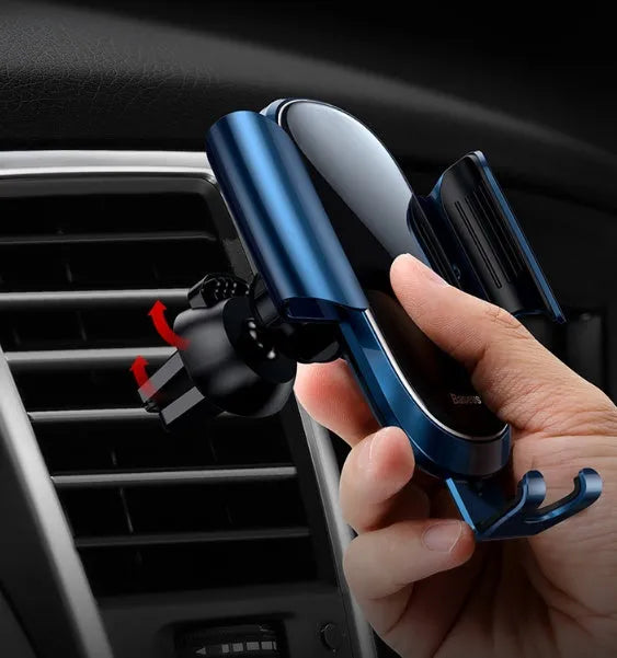 Universal smart car phone mounting bracket shown in black, blue, and silvery colour options on a car dashboard.