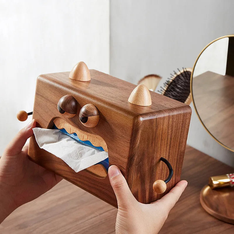 Walnut finished beech wood tissue box with Little Monster cartoon face, dimensions 190mm by 104mm by 125mm