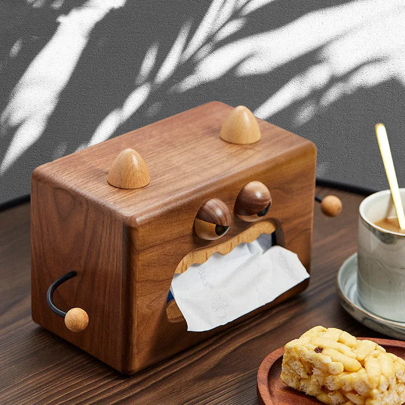 Walnut finished beech wood tissue box with Little Monster cartoon face, dimensions 190mm by 104mm by 125mm