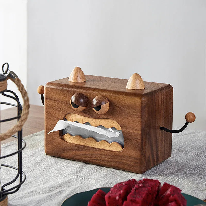 Walnut finished beech wood tissue box with Little Monster cartoon face, dimensions 190mm by 104mm by 125mm