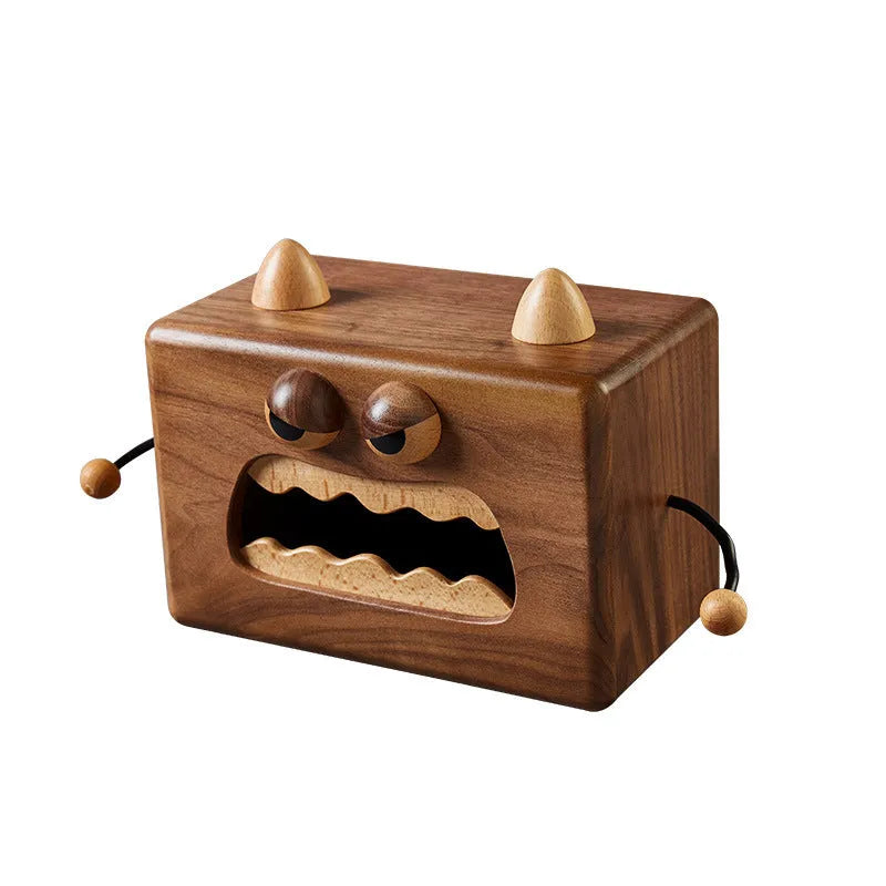 Walnut finished beech wood tissue box with Little Monster cartoon face, dimensions 190mm by 104mm by 125mm