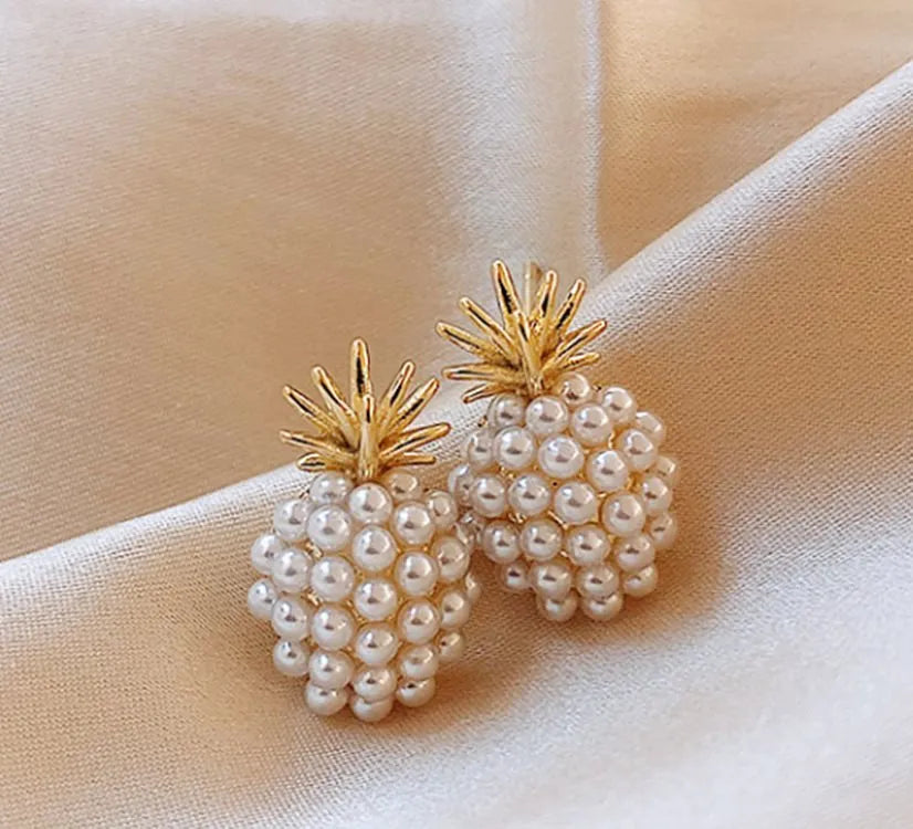 Korean style women's pineapple starfish pearl drop earrings with alloy electroplated finish and gem stone inlay.