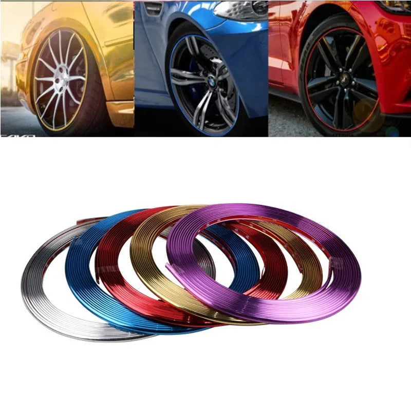 Galvanized wheel sticker in electroplating purple on a car wheel rim as a PVC anti-collision guard circle