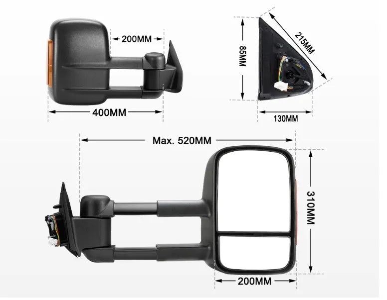 Black electric exterior rear vision mirror for Nissan D23 NP300 2015-ON with large view and light