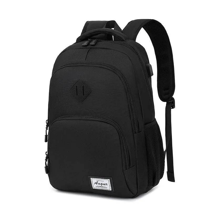 Grey lightweight backpack with USB charging port showing dimensions and trolley case slot