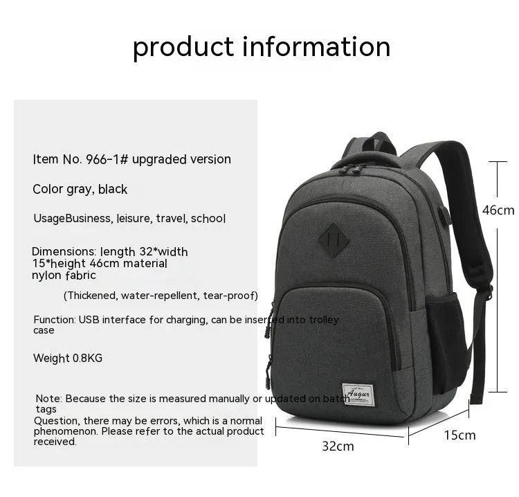 Grey lightweight backpack with USB charging port showing dimensions and trolley case slot