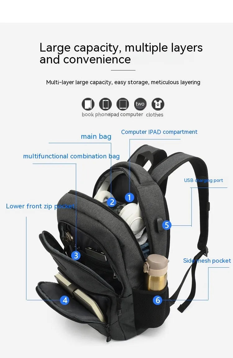 Grey lightweight backpack with USB charging port showing dimensions and trolley case slot