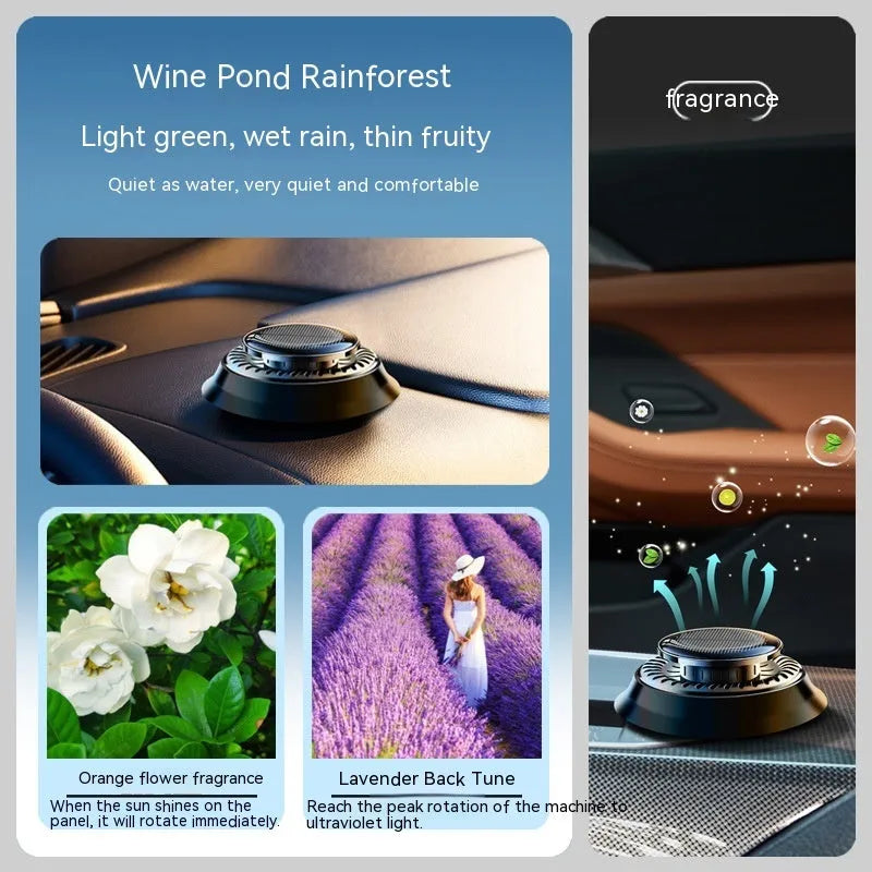 Solar powered double ring rotating car air freshener in Black Ocean colour placed on car dashboard