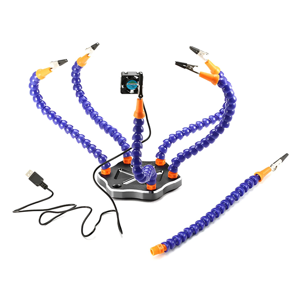 Black aluminium six-jaw welding station with seven adjustable arms for model repair soldering