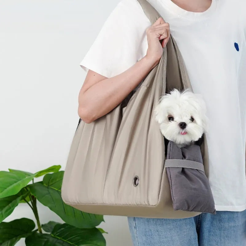 Apricot cloth pet carrier handbag showing dimensions of 41cm length by 16cm width by 28cm height