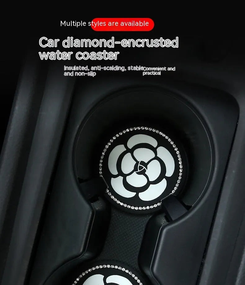 Black and white checkerboard PVC non-slip car water cup mat on a cup holder