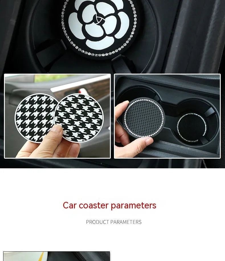 Black and white checkerboard PVC non-slip car water cup mat on a cup holder