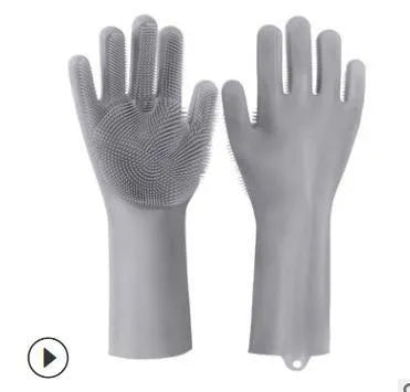 Silicone heat-resistant cleaning brush scrubbing gloves in blue with built-in sponge, non-slip, 357x165mm