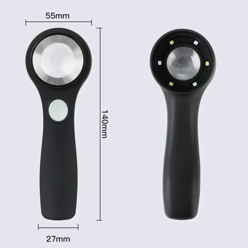 Black and silver jewelry tobacco alcohol appraisal magnifying glass with optical glass lens and USB C cable