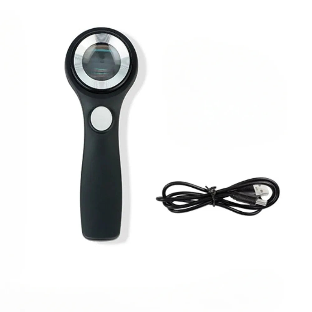 Black and silver jewelry tobacco alcohol appraisal magnifying glass with optical glass lens and USB C cable