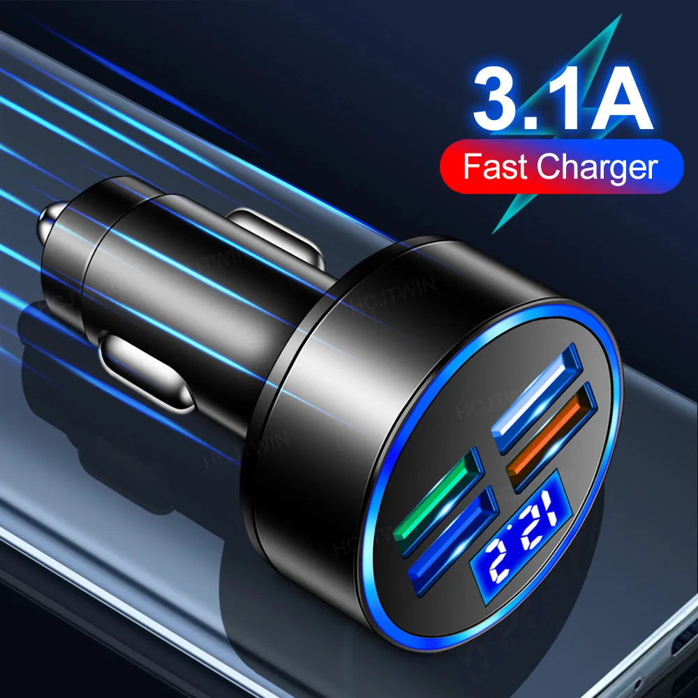 One-to-four multi-port car charger in black with four ports and cigarette lighter plug