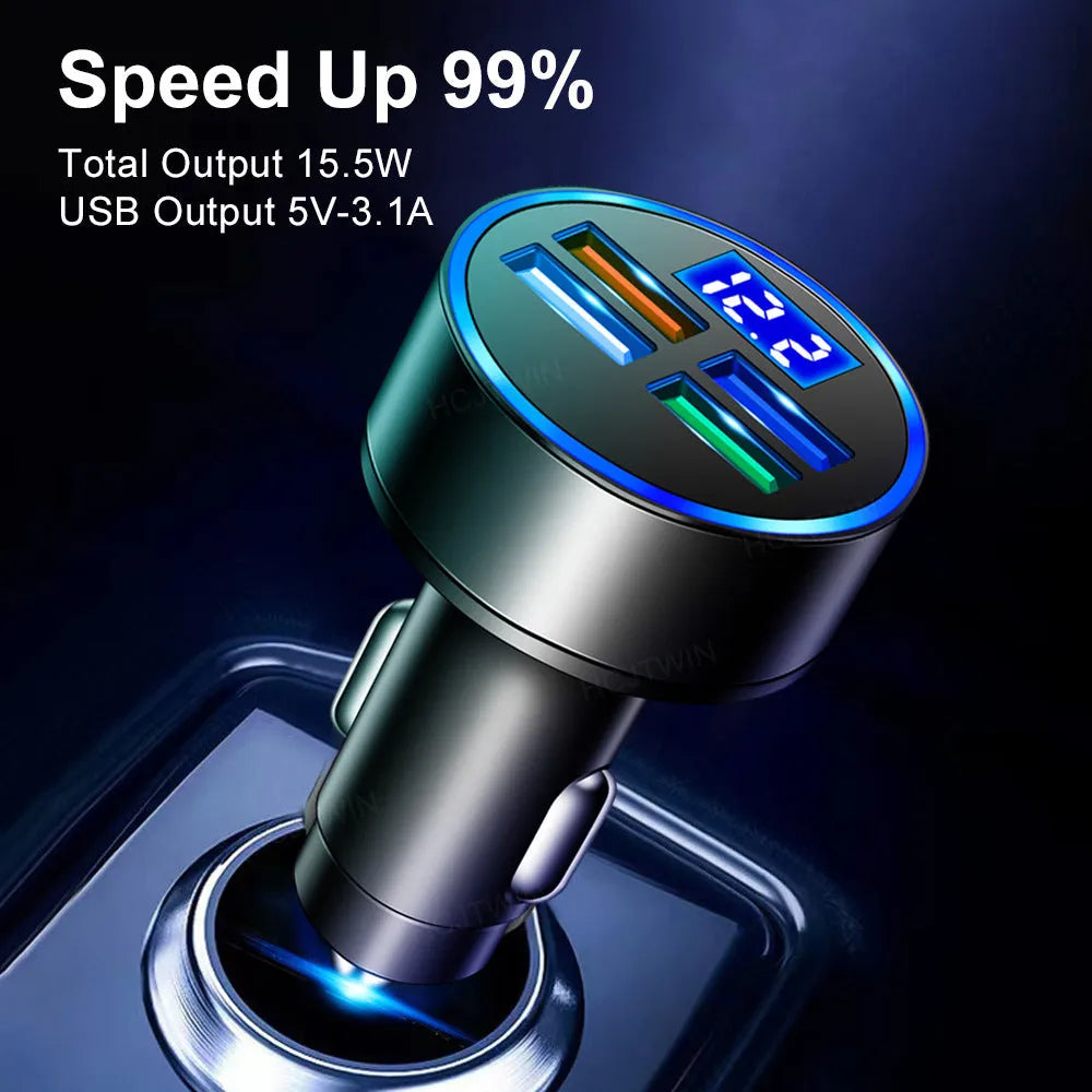 One-to-four multi-port car charger in black with four ports and cigarette lighter plug