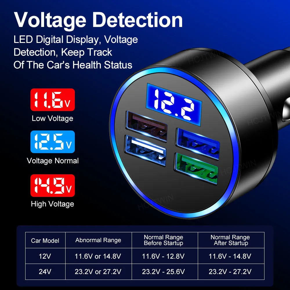 One-to-four multi-port car charger in black with four ports and cigarette lighter plug