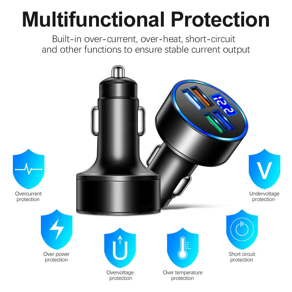 One-to-four multi-port car charger in black with four ports and cigarette lighter plug