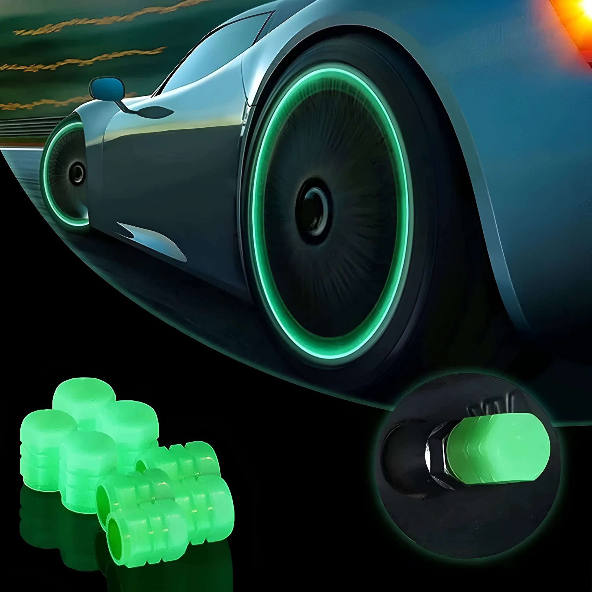 Split design rubber luminous tyre valve cap glowing in green colour for car wheel night safety