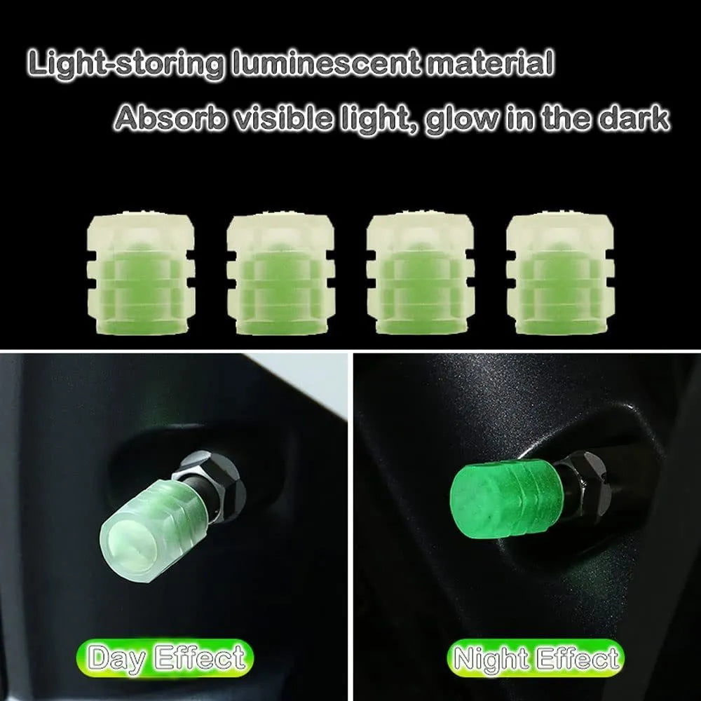Split design rubber luminous tyre valve cap glowing in green colour for car wheel night safety