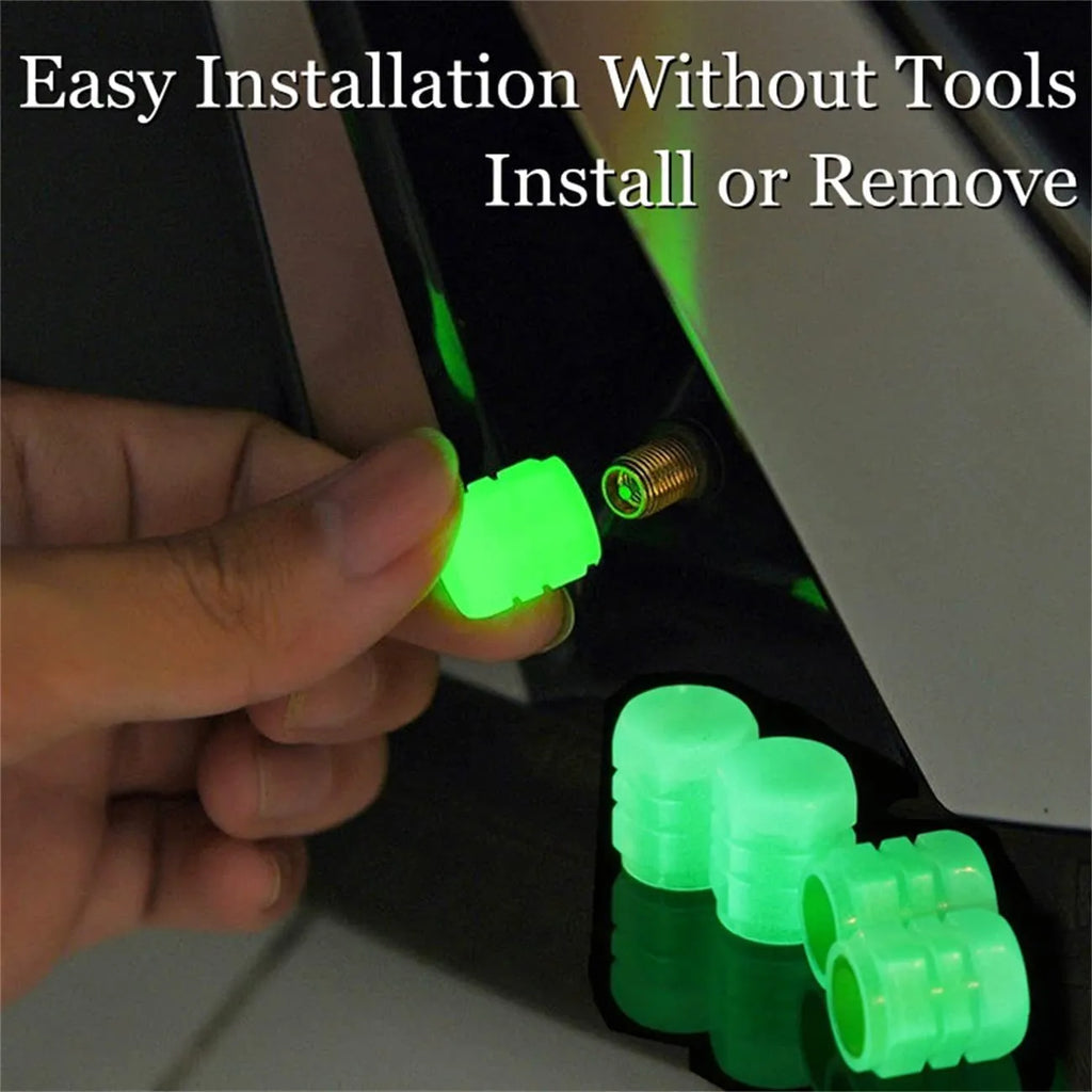 Split design rubber luminous tyre valve cap glowing in green colour for car wheel night safety