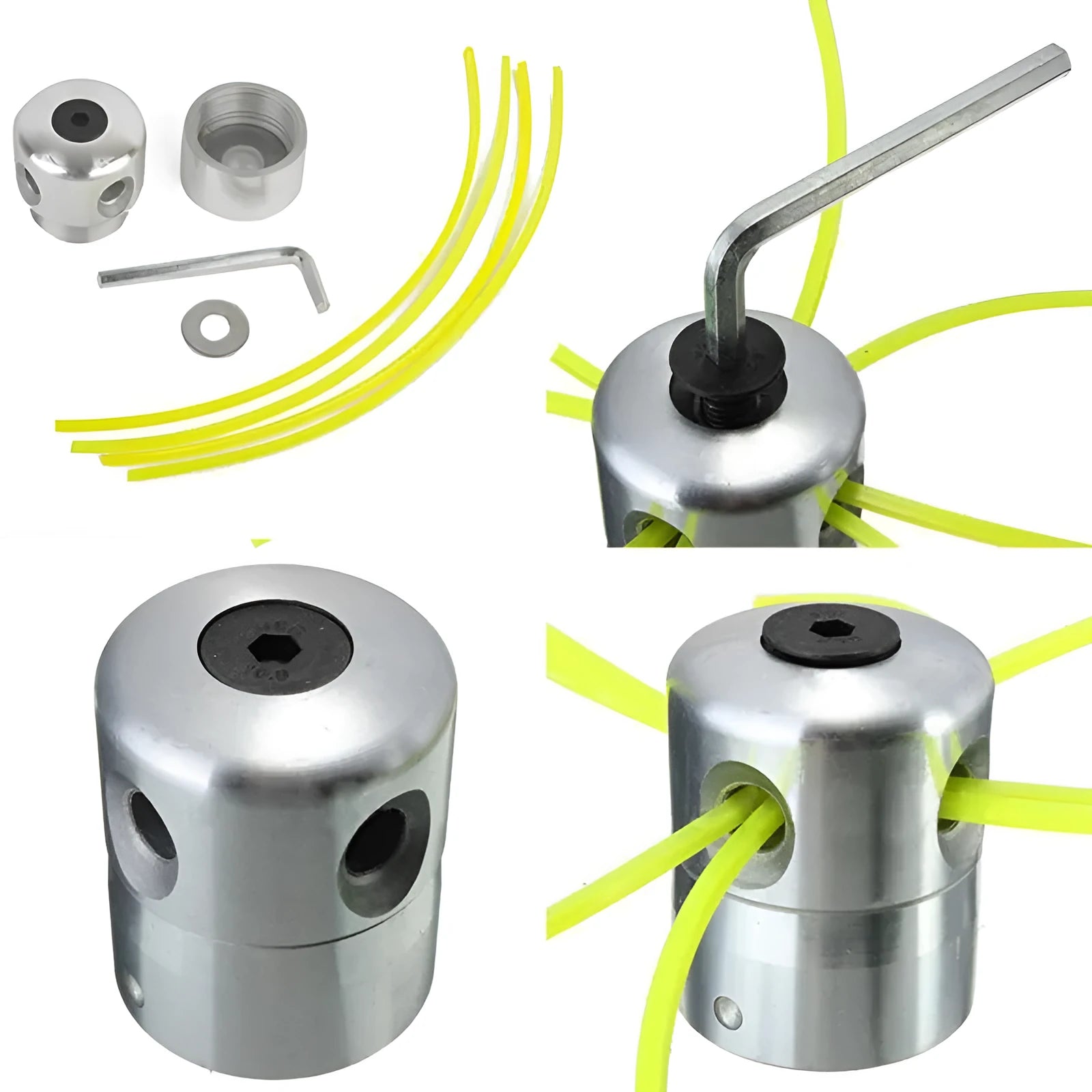 Silver aluminium lawn mower grass trimmer head with four light yellow square cords, wrench, and gasket