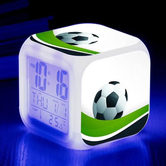 Square football pattern alarm clock with cartoon design for children's bedrooms