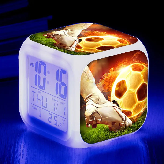 Square football pattern alarm clock with cartoon design for children's bedrooms