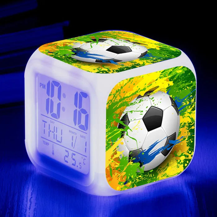 Square football pattern alarm clock with cartoon design for children's bedrooms