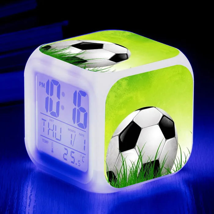Square football pattern alarm clock with cartoon design for children's bedrooms