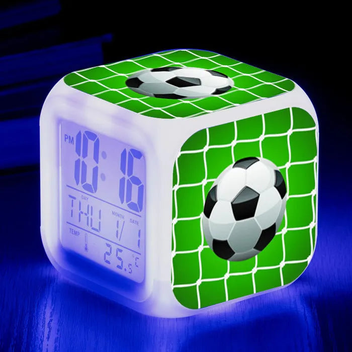 Square football pattern alarm clock with cartoon design for children's bedrooms