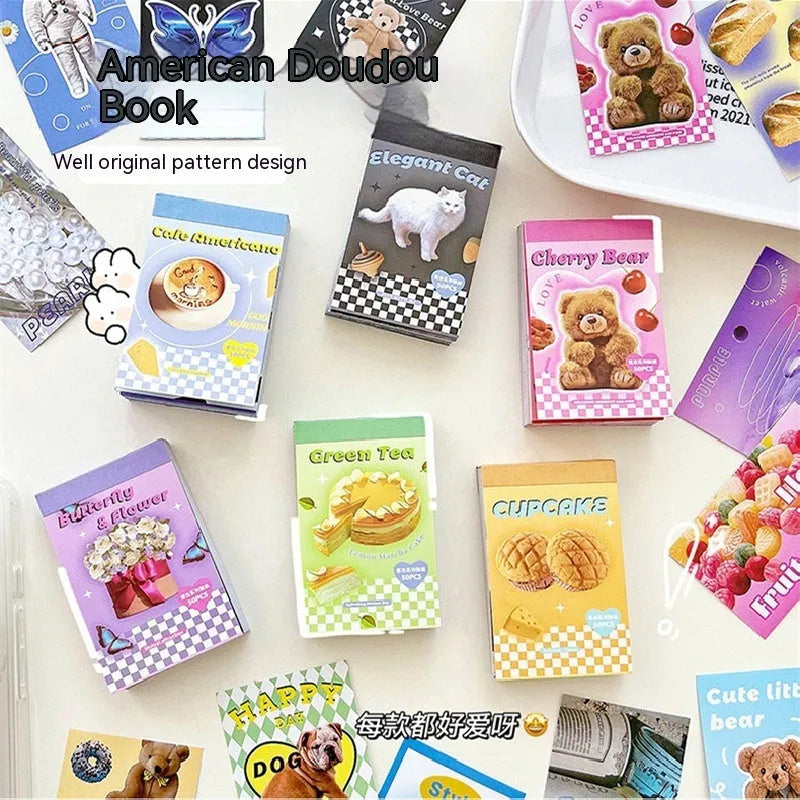 American retro cartoon sticker book with 50 sheets, each measuring 4x6cm, shown in multiple colour options.