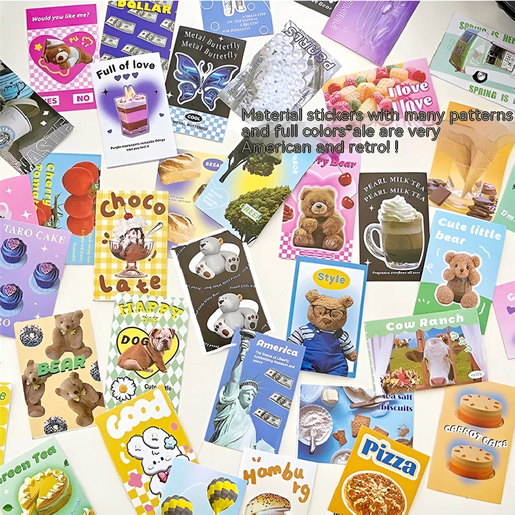 American retro cartoon sticker book with 50 sheets, each measuring 4x6cm, shown in multiple colour options.