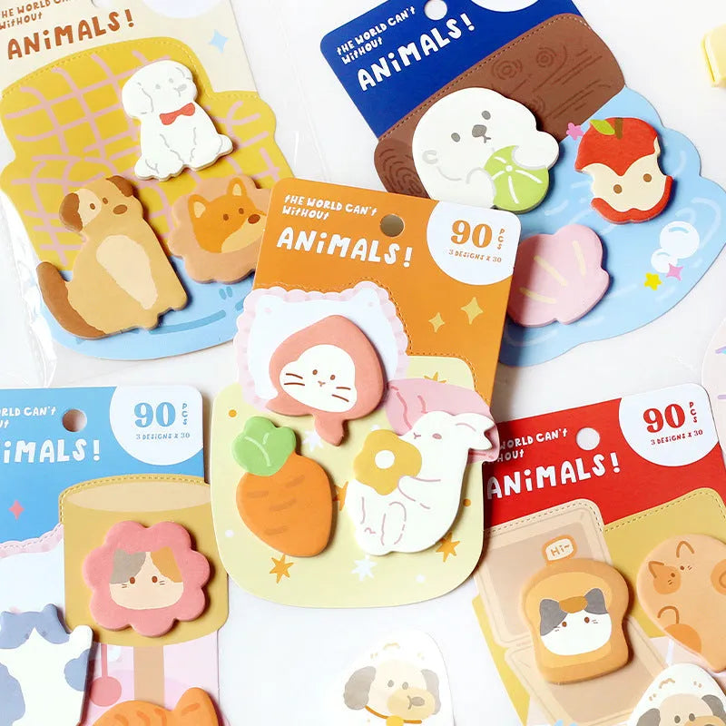 Small animal shaped sticky note pad with 90 pages, showing kitten, puppy and bunny character designs