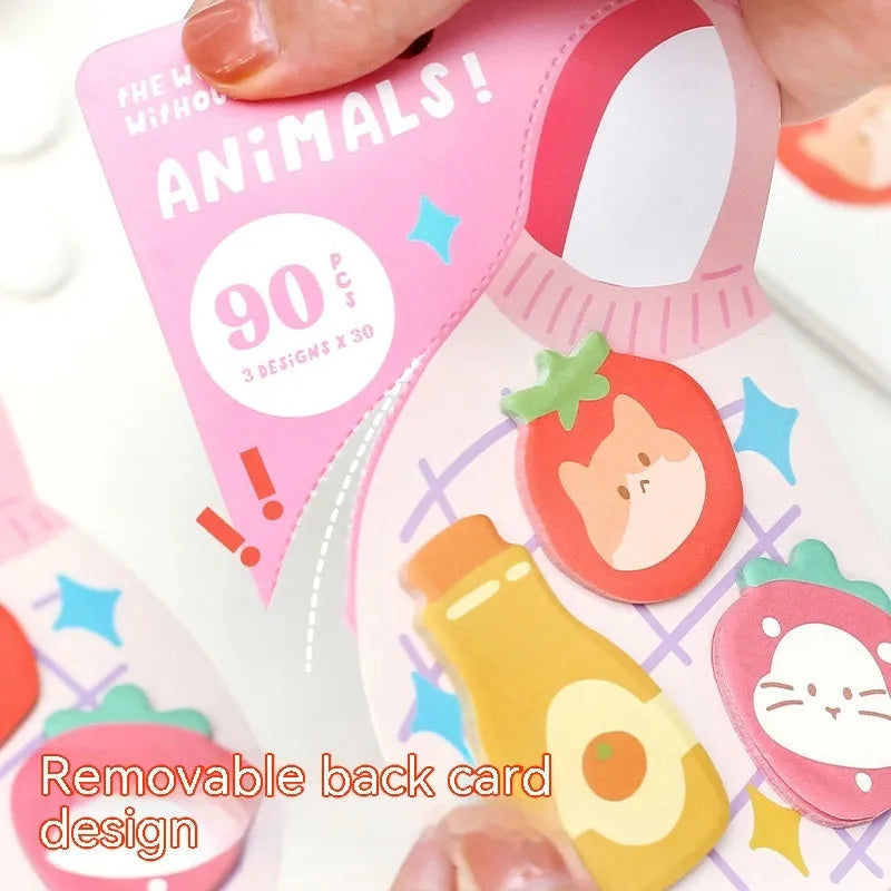 Small animal shaped sticky note pad with 90 pages, showing kitten, puppy and bunny character designs
