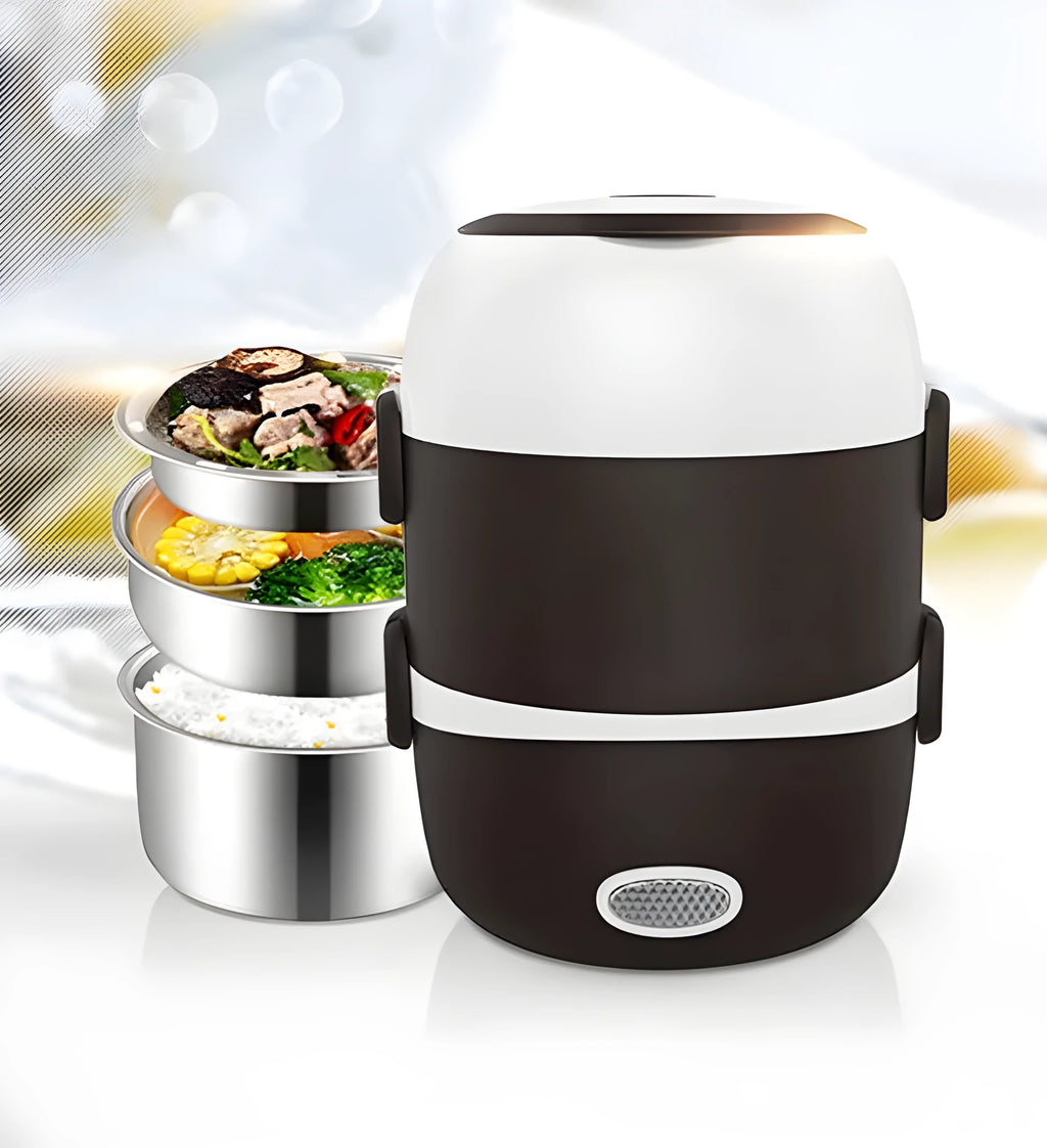 Electric lunch box with USB port and 190mm cubic dimensions showing two capacity options