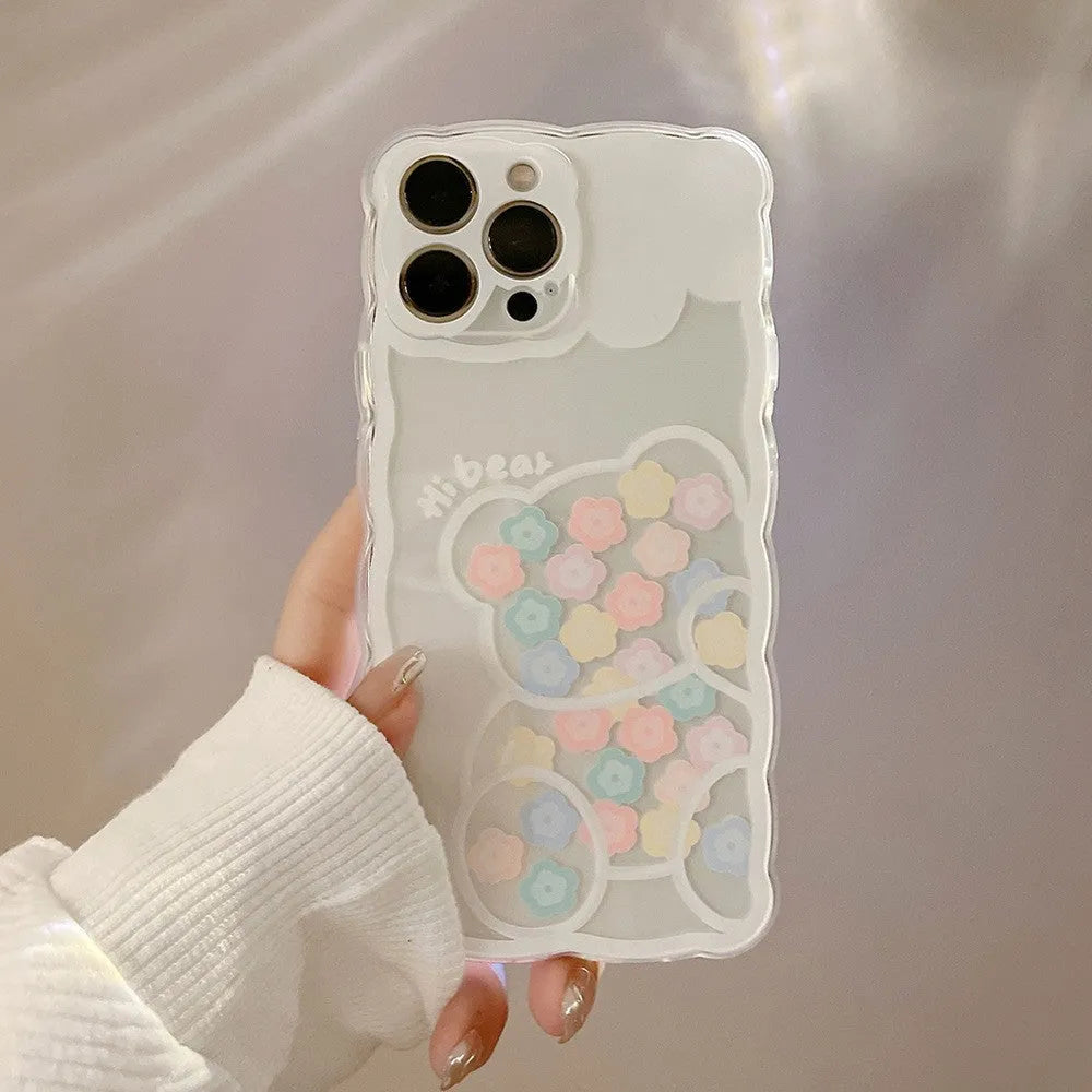 Wave edge transparent TPU silicone phone case for Apple iPhone with tulip flower and smiling face pattern