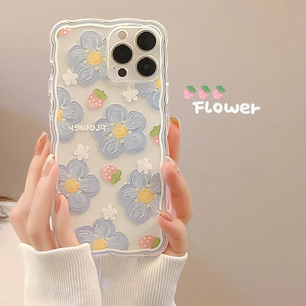Wave edge transparent TPU silicone phone case for Apple iPhone with tulip flower and smiling face pattern