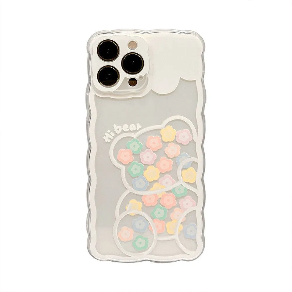 Wave edge transparent TPU silicone phone case for Apple iPhone with tulip flower and smiling face pattern