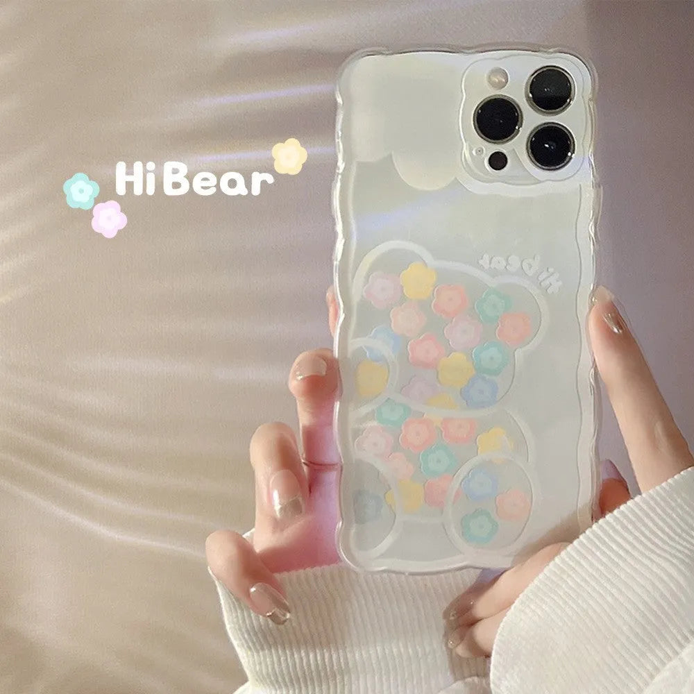 Wave edge transparent TPU silicone phone case for Apple iPhone with tulip flower and smiling face pattern