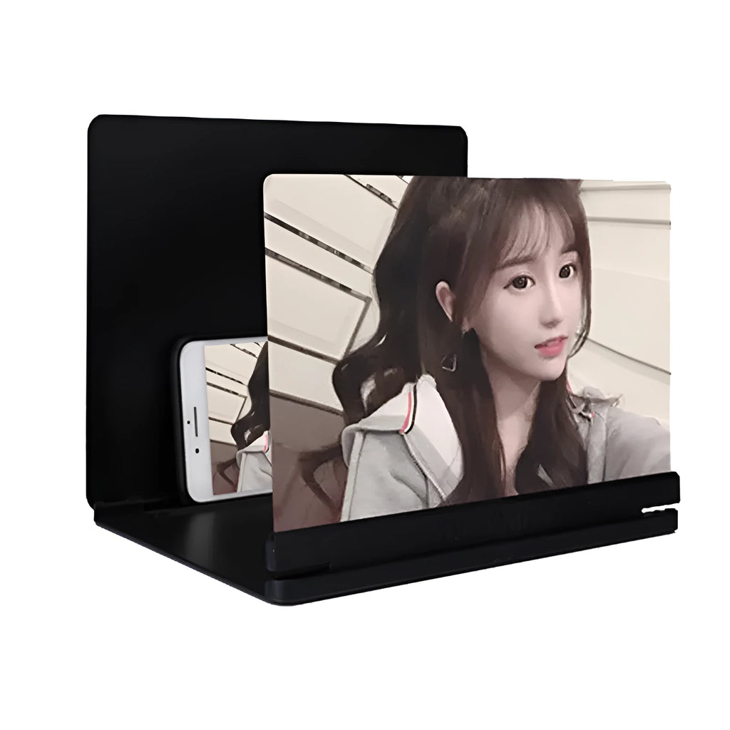 10-inch HD lens phone screen amplifier in black ABS stand showing enlarged smartphone display