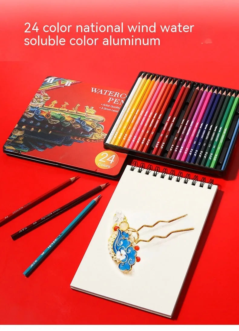Wooden tin box open to show 24 water-soluble coloured pencils.
